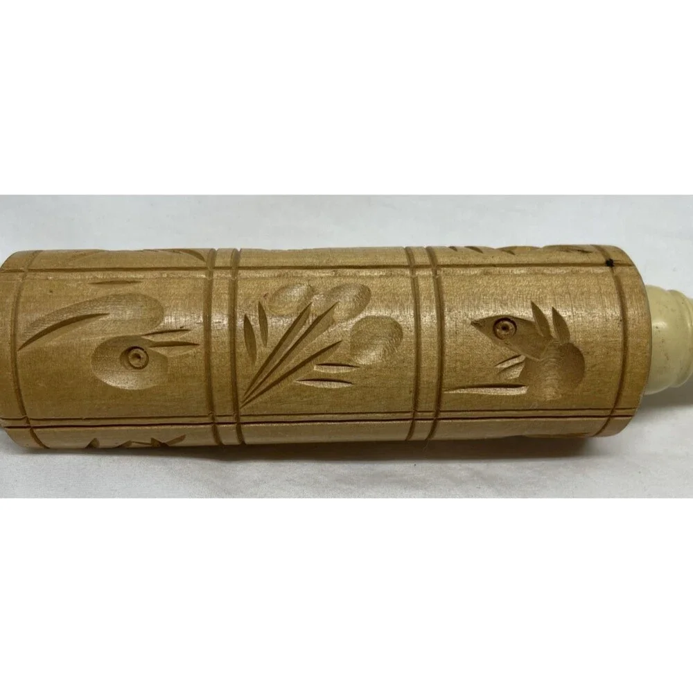 Vintage Carved Wooden Dough Rolling Pin Press for Springerle Cookies 14Lx2